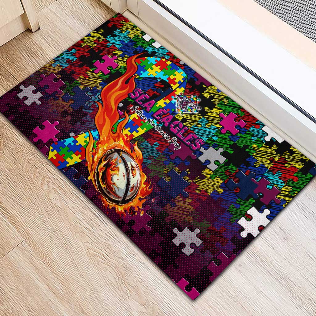Sea Eagles Autism Awareness Rubber Doormat Puzzle Flames Rugby Ball