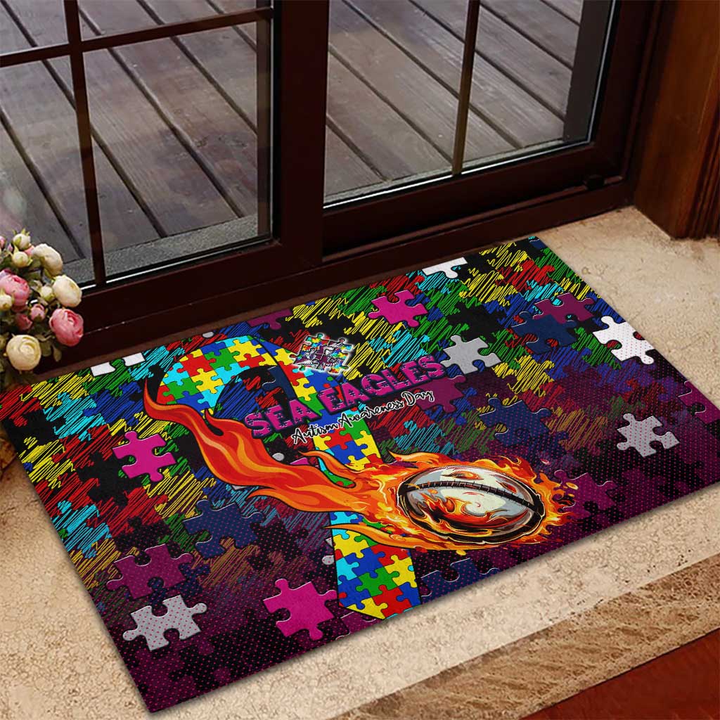 Sea Eagles Autism Awareness Rubber Doormat Puzzle Flames Rugby Ball
