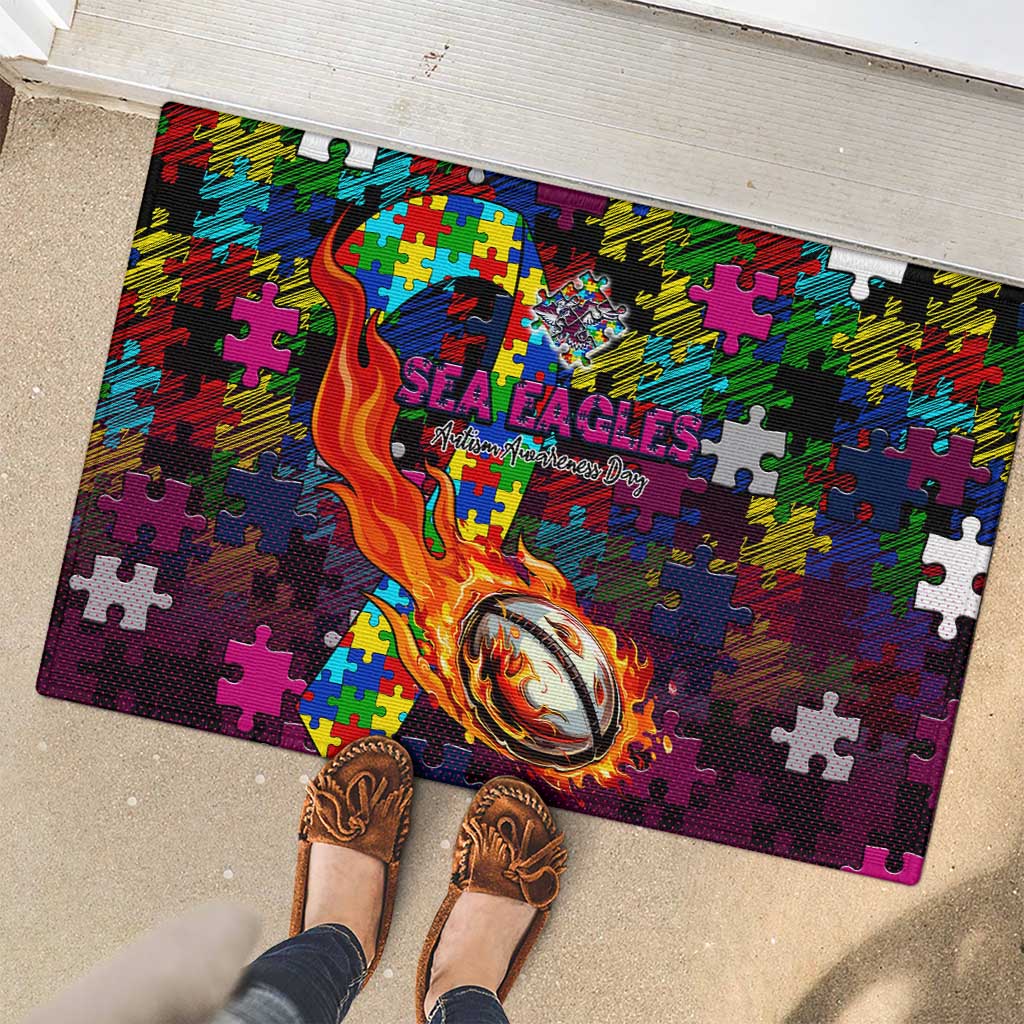 Sea Eagles Autism Awareness Rubber Doormat Puzzle Flames Rugby Ball