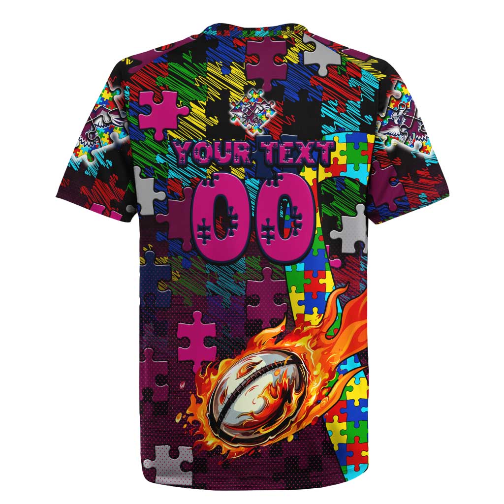 Sea Eagles Autism Awareness Rugby Jersey Puzzle Flames Rugby Ball