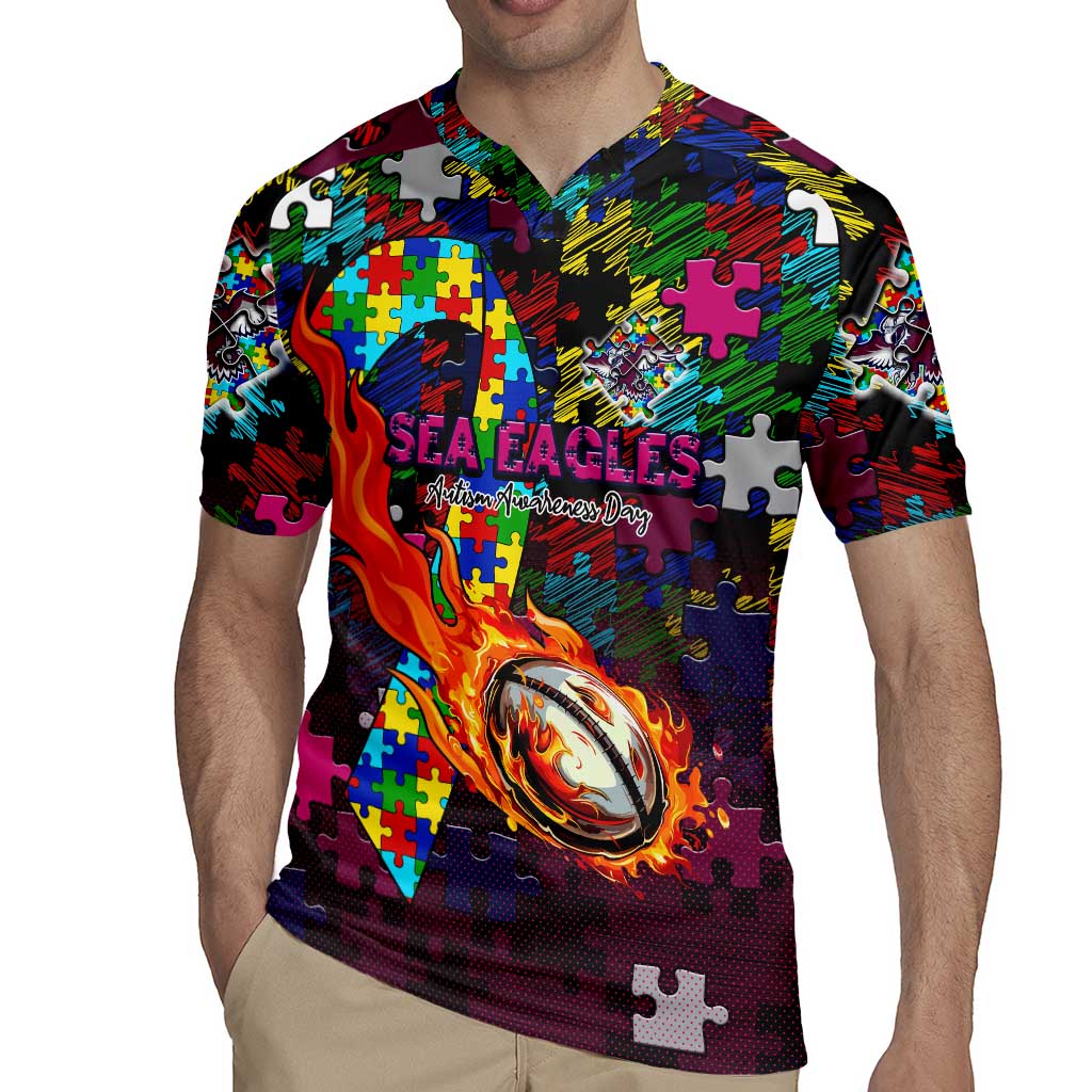 Sea Eagles Autism Awareness Rugby Jersey Puzzle Flames Rugby Ball
