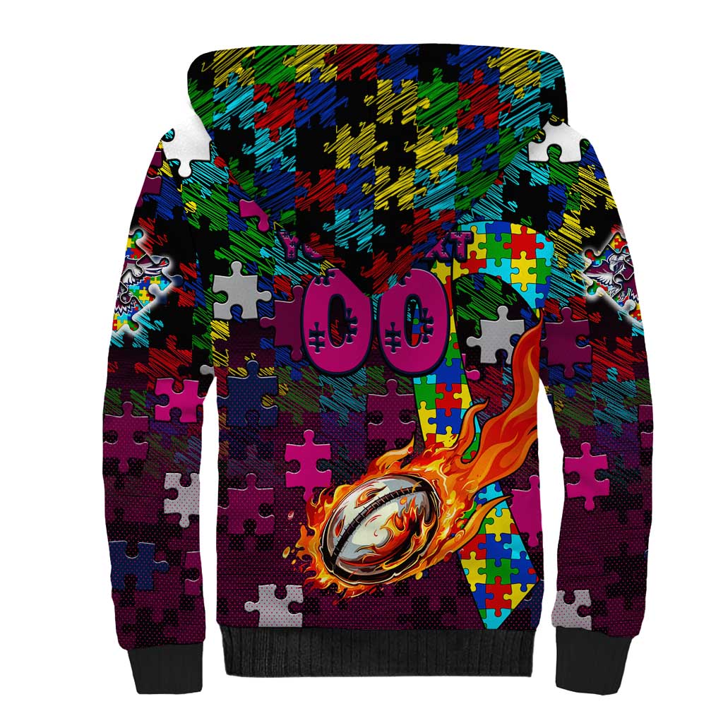 Sea Eagles Autism Awareness Sherpa Hoodie Puzzle Flames Rugby Ball