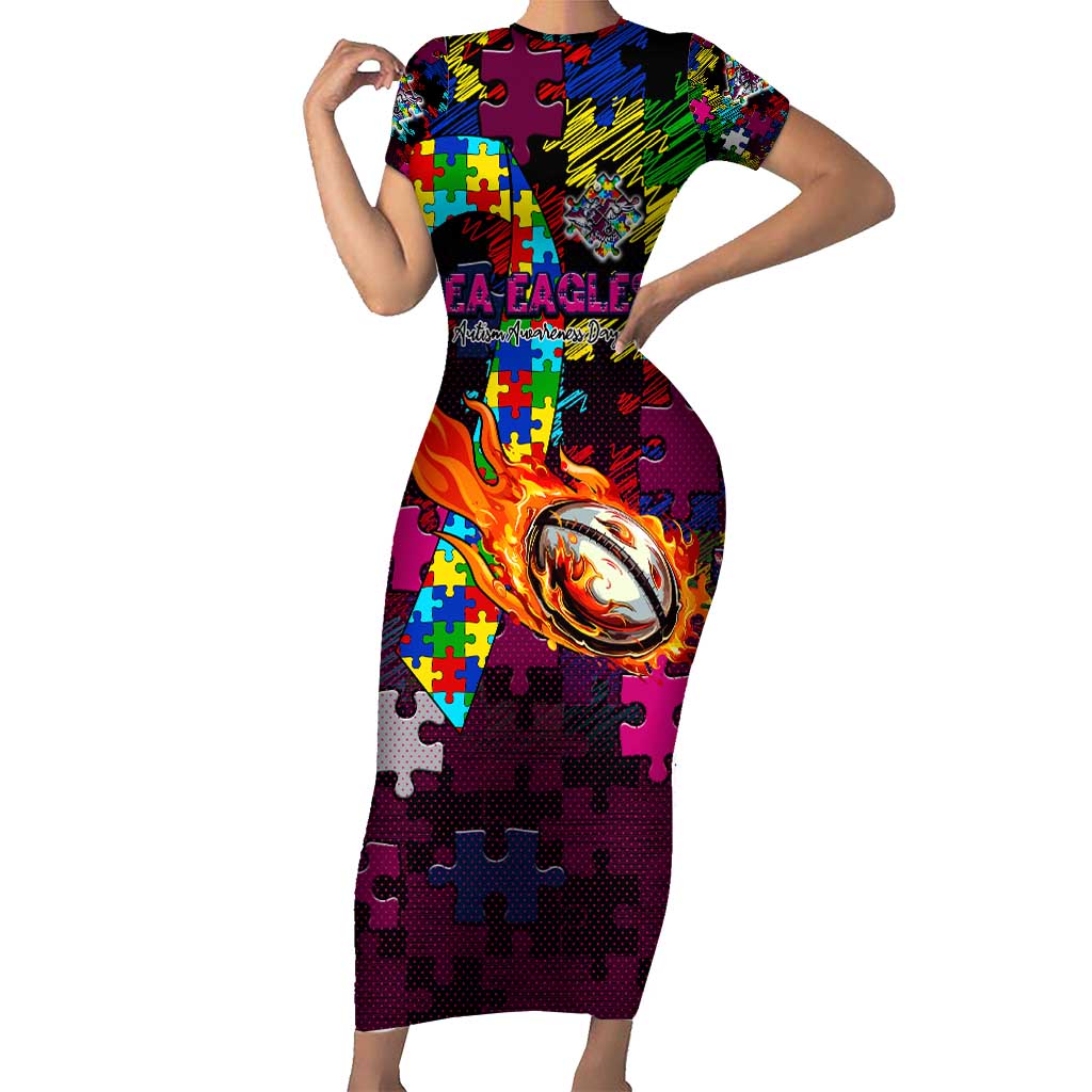 Sea Eagles Autism Awareness Short Sleeve Bodycon Dress Puzzle Flames Rugby Ball