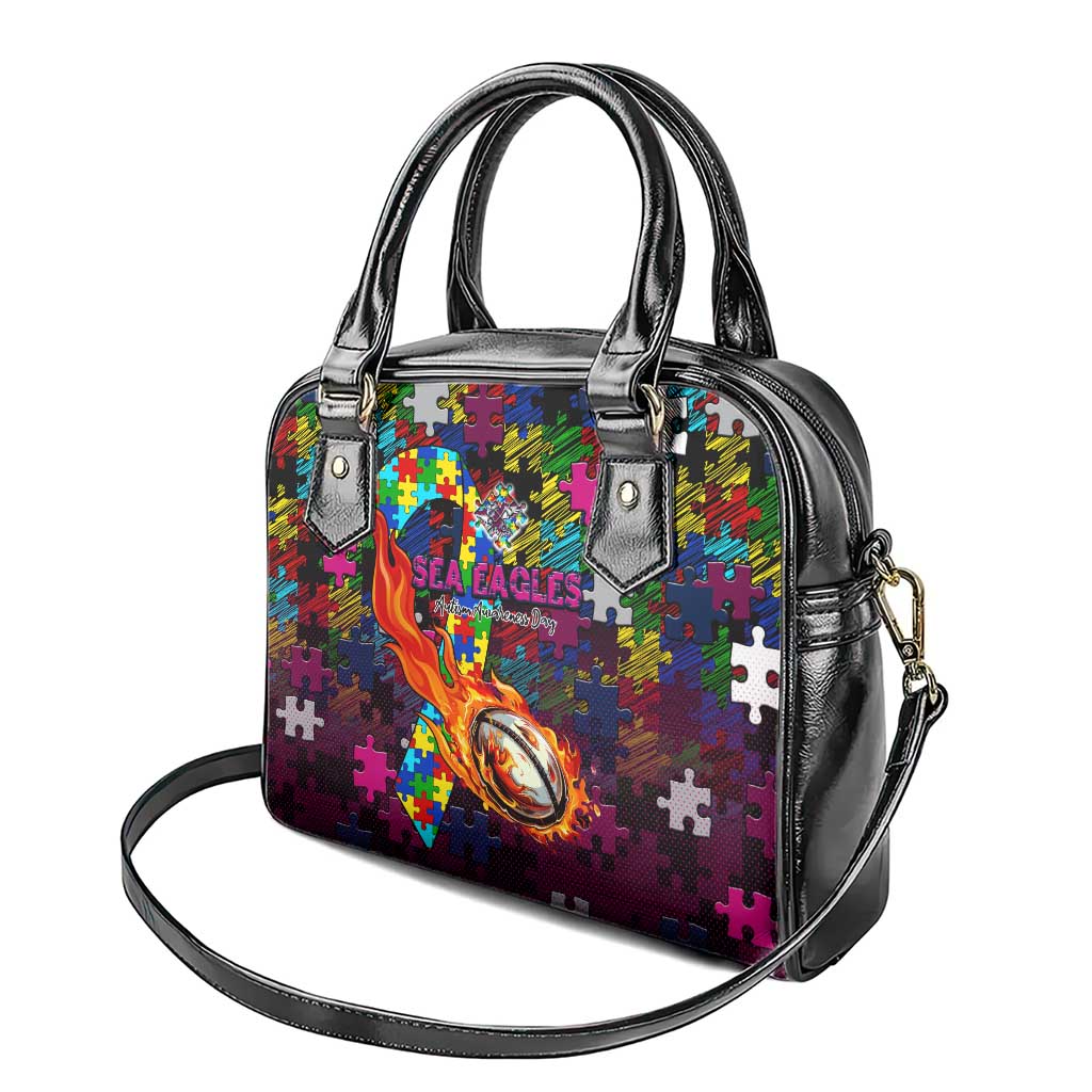 Sea Eagles Autism Awareness Shoulder Handbag Puzzle Flames Rugby Ball