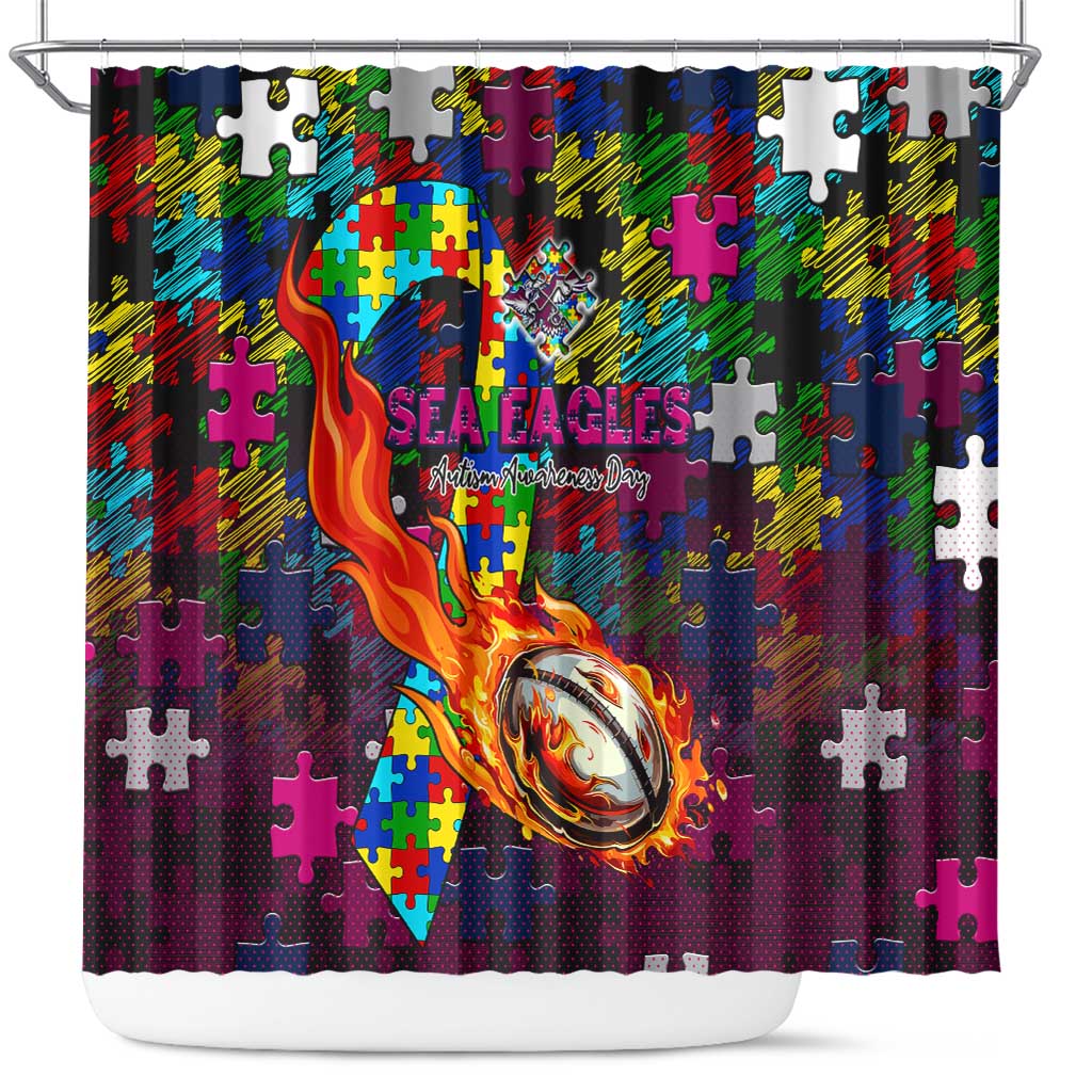 Sea Eagles Autism Awareness Shower Curtain Puzzle Flames Rugby Ball