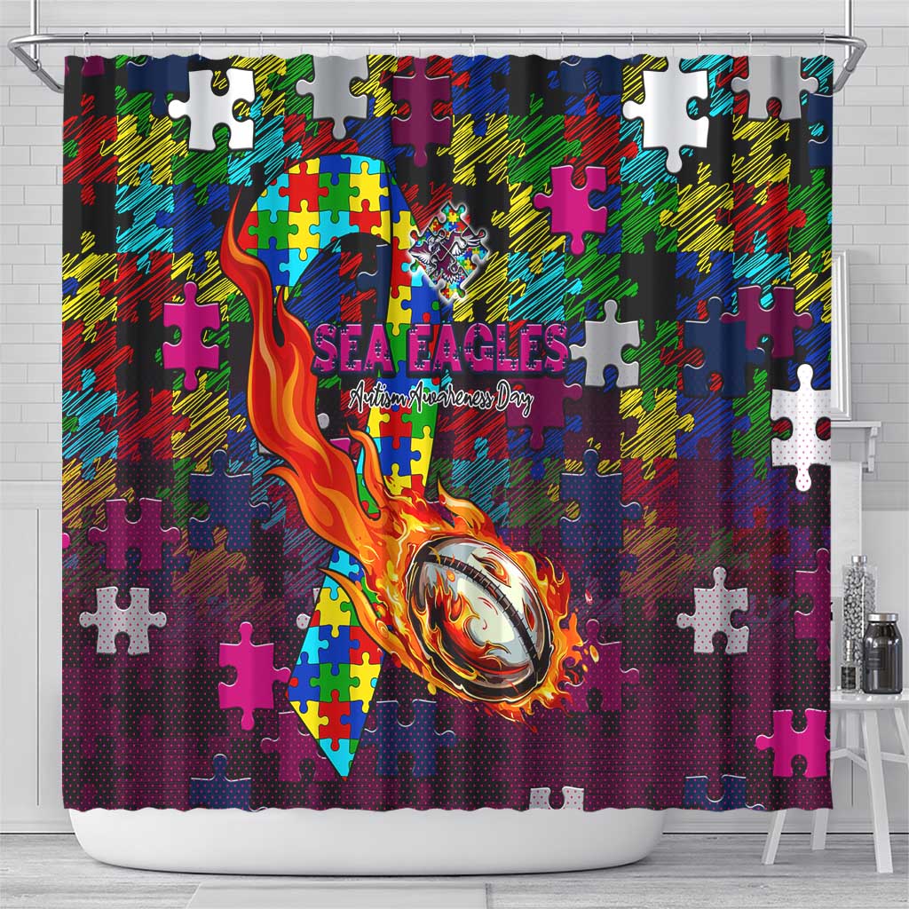 Sea Eagles Autism Awareness Shower Curtain Puzzle Flames Rugby Ball