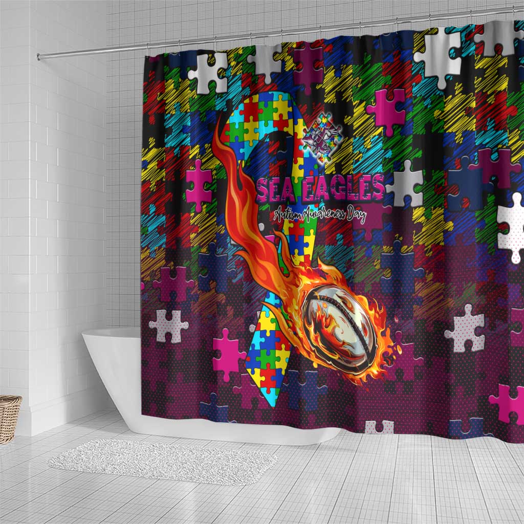 Sea Eagles Autism Awareness Shower Curtain Puzzle Flames Rugby Ball