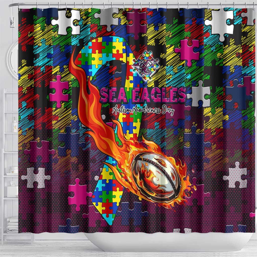 Sea Eagles Autism Awareness Shower Curtain Puzzle Flames Rugby Ball