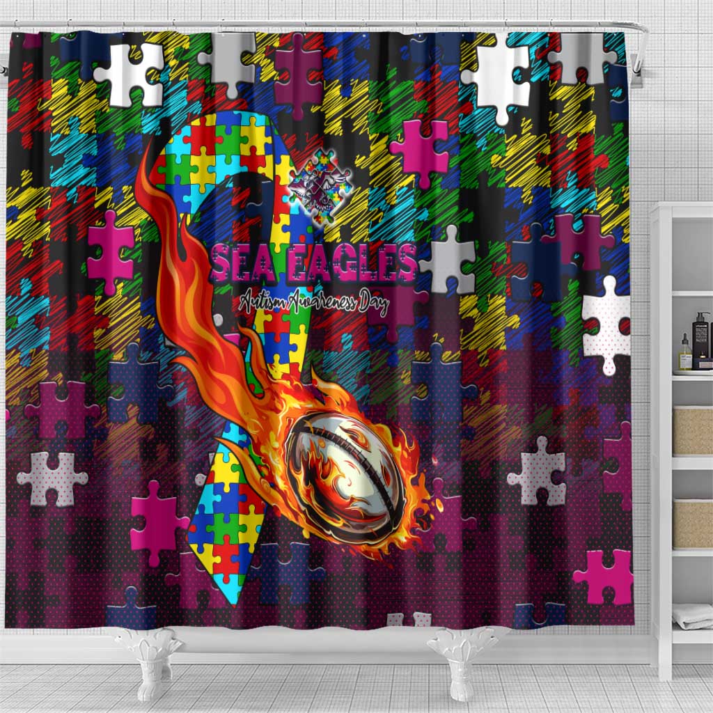 Sea Eagles Autism Awareness Shower Curtain Puzzle Flames Rugby Ball