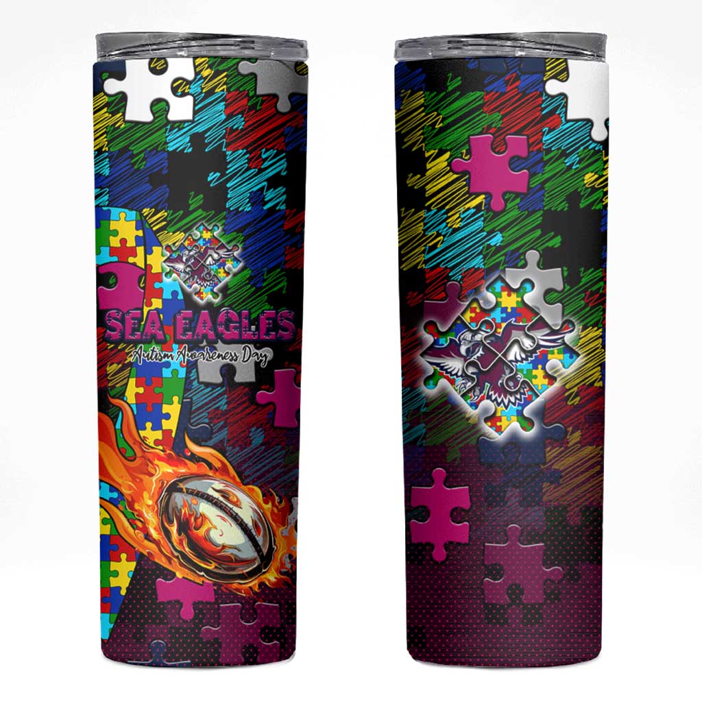 Sea Eagles Autism Awareness Skinny Tumbler Puzzle Flames Rugby Ball