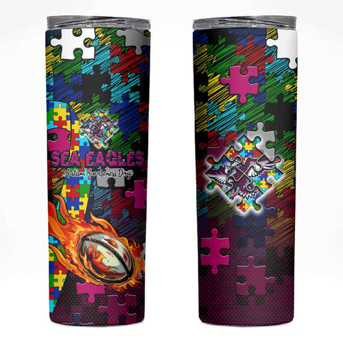 Sea Eagles Autism Awareness Skinny Tumbler Puzzle Flames Rugby Ball