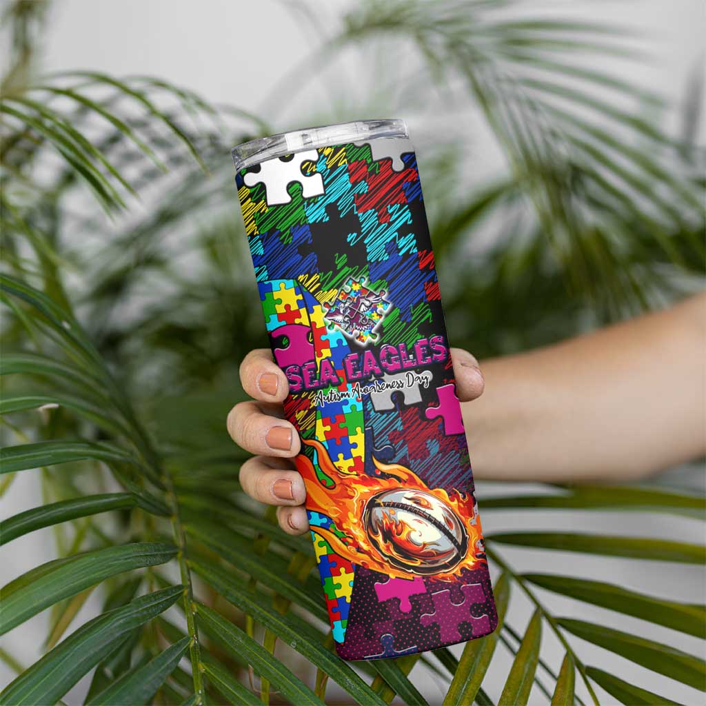 Sea Eagles Autism Awareness Skinny Tumbler Puzzle Flames Rugby Ball