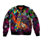 Sea Eagles Autism Awareness Sleeve Zip Bomber Jacket Puzzle Flames Rugby Ball