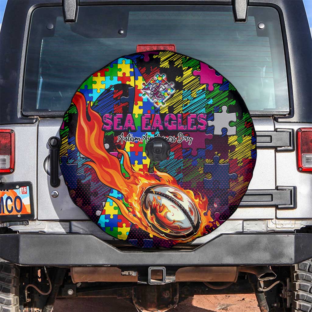 Sea Eagles Autism Awareness Spare Tire Cover Puzzle Flames Rugby Ball