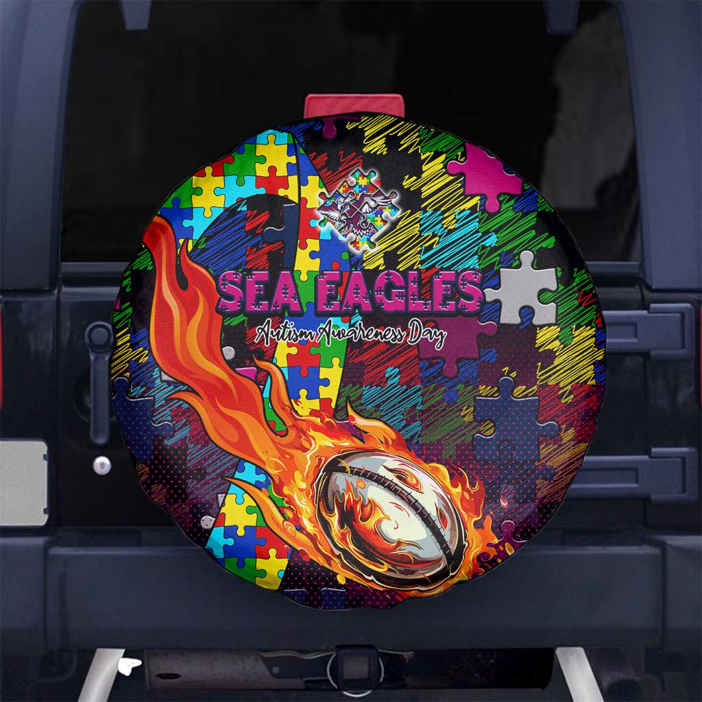 Sea Eagles Autism Awareness Spare Tire Cover Puzzle Flames Rugby Ball
