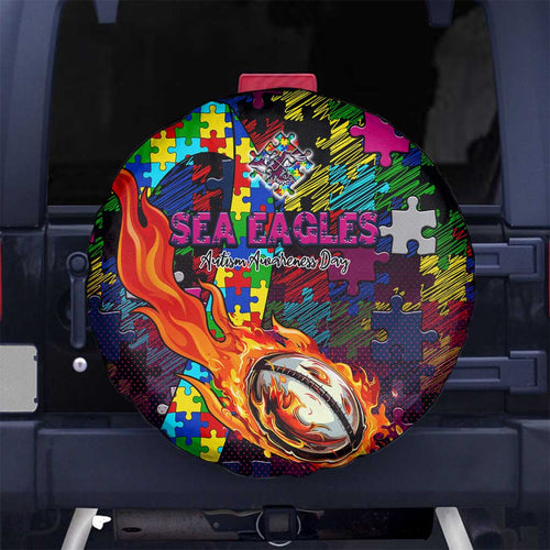 Sea Eagles Autism Awareness Spare Tire Cover Puzzle Flames Rugby Ball