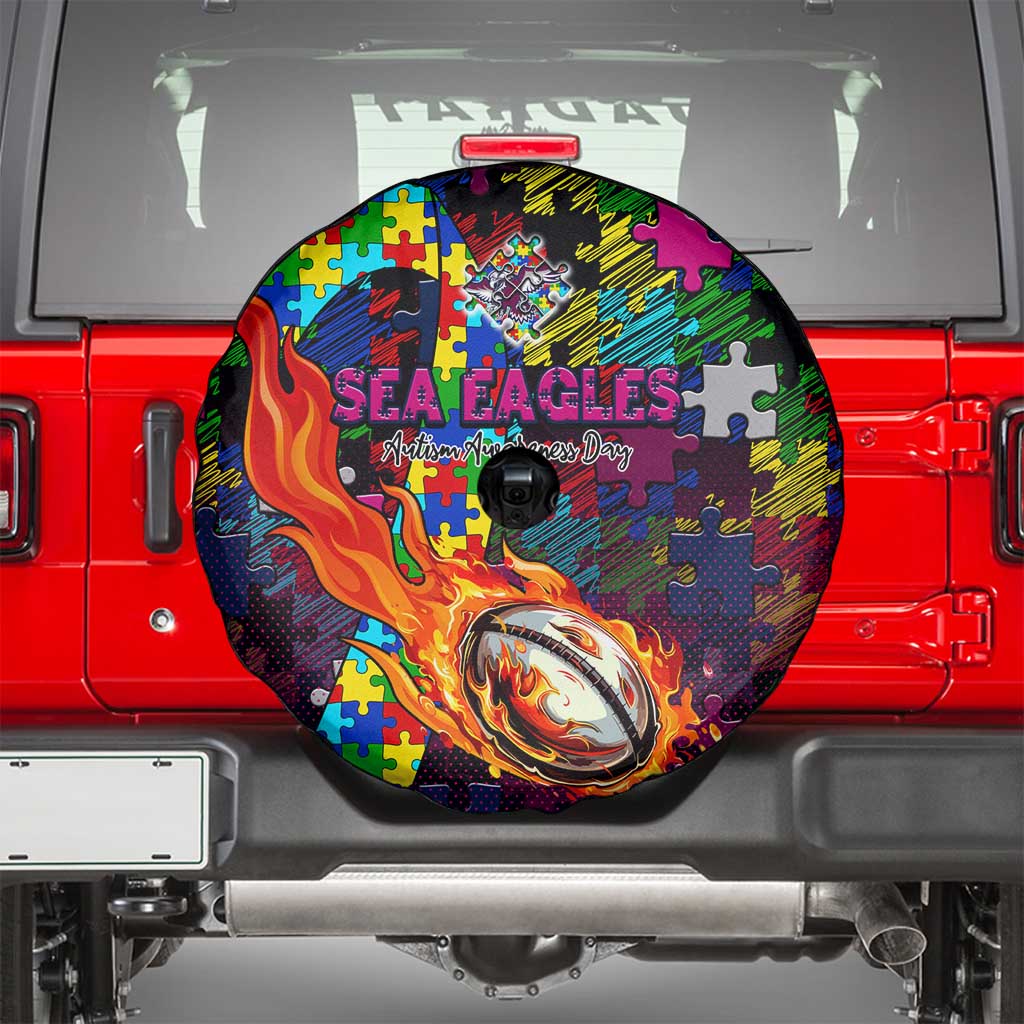 Sea Eagles Autism Awareness Spare Tire Cover Puzzle Flames Rugby Ball