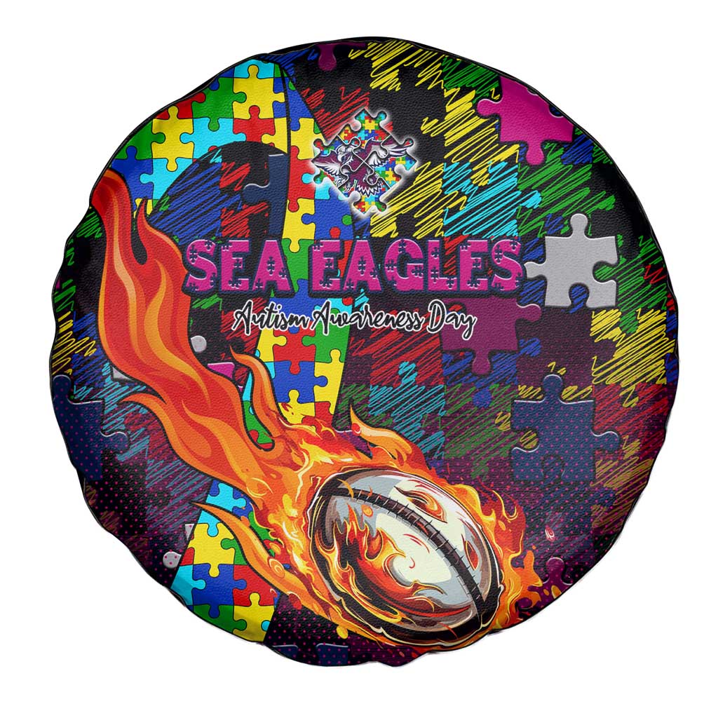 Sea Eagles Autism Awareness Spare Tire Cover Puzzle Flames Rugby Ball