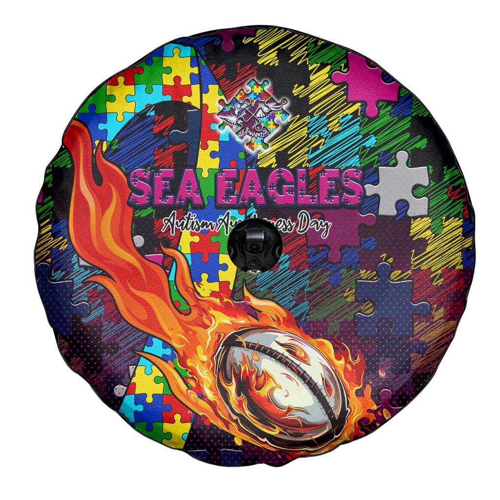 Sea Eagles Autism Awareness Spare Tire Cover Puzzle Flames Rugby Ball