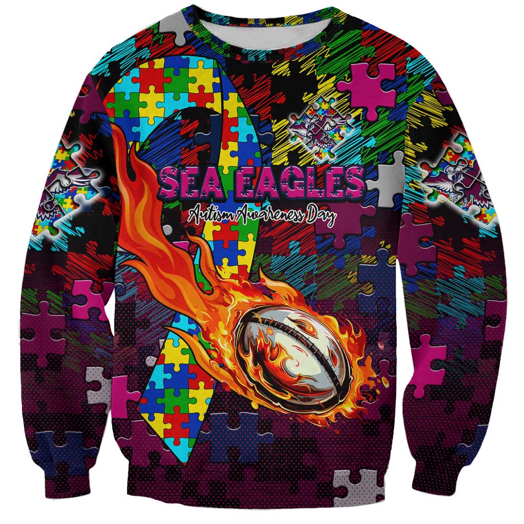 Sea Eagles Autism Awareness Sweatshirt Puzzle Flames Rugby Ball
