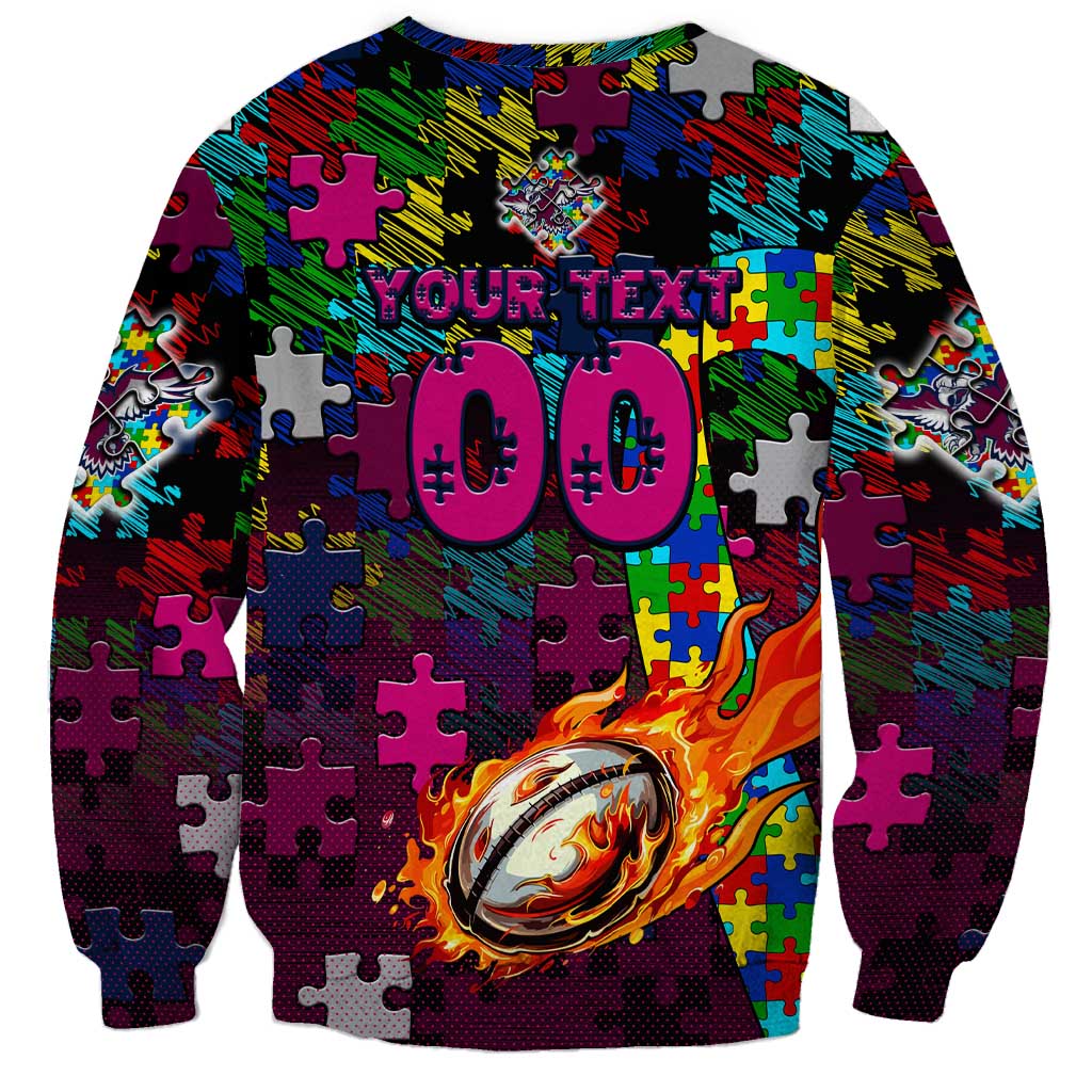 Sea Eagles Autism Awareness Sweatshirt Puzzle Flames Rugby Ball