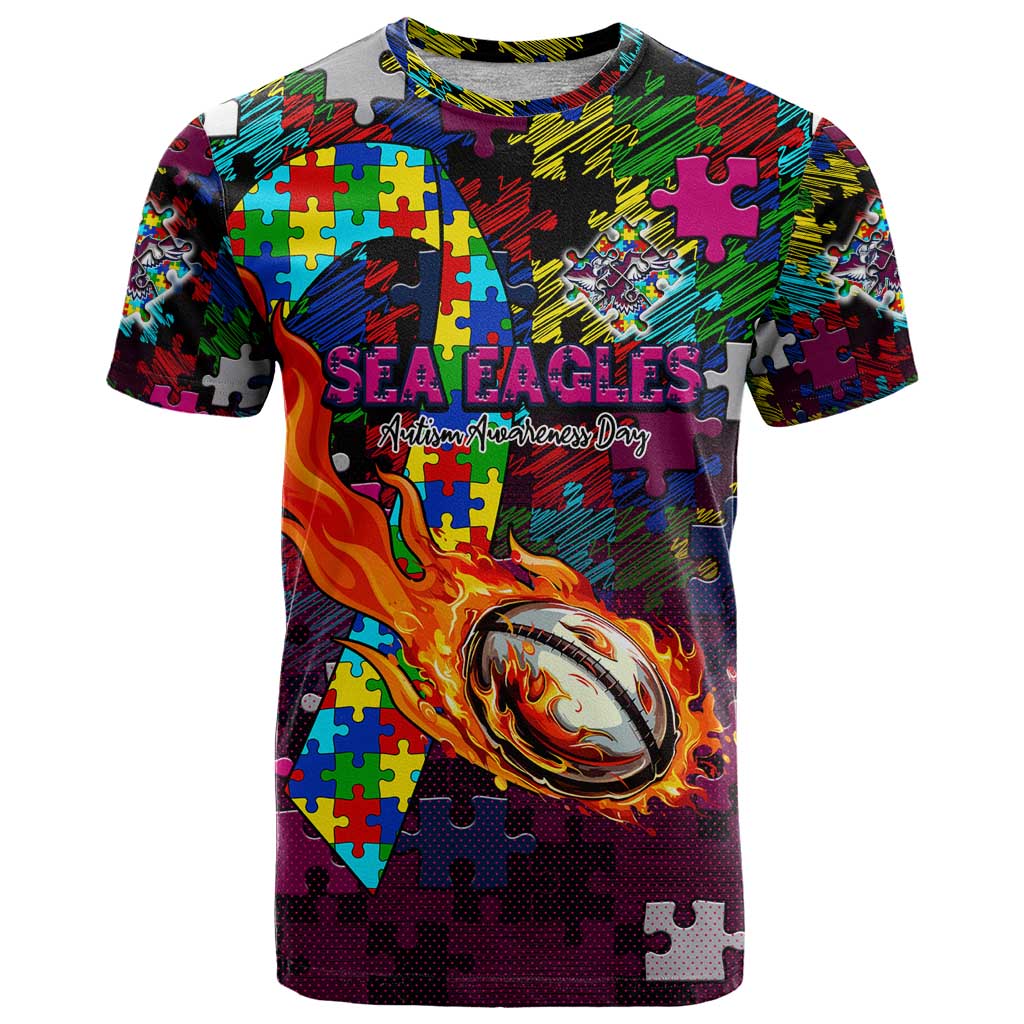 Sea Eagles Autism Awareness T Shirt Puzzle Flames Rugby Ball
