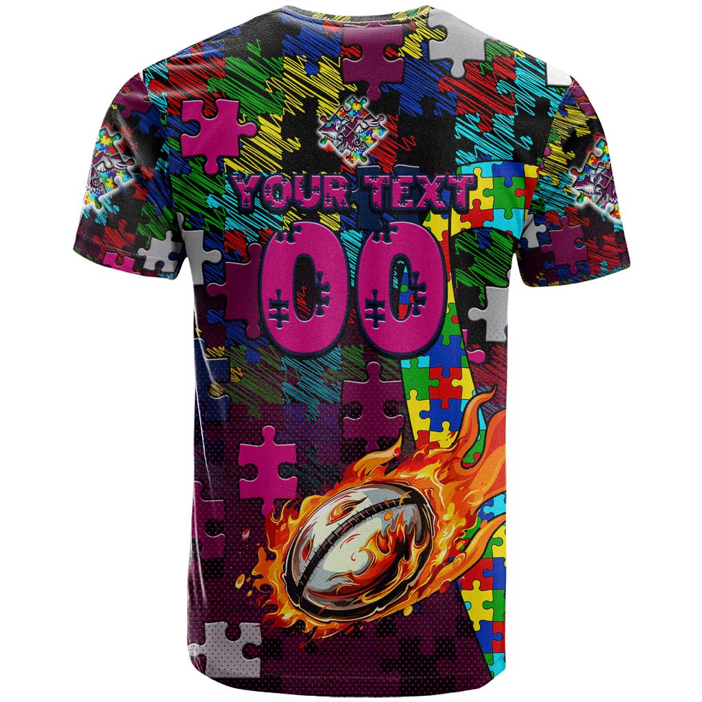 Sea Eagles Autism Awareness T Shirt Puzzle Flames Rugby Ball