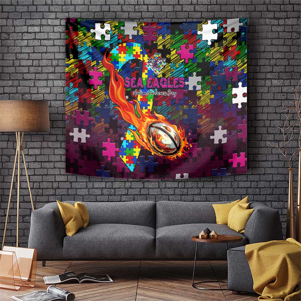 Sea Eagles Autism Awareness Tapestry Puzzle Flames Rugby Ball