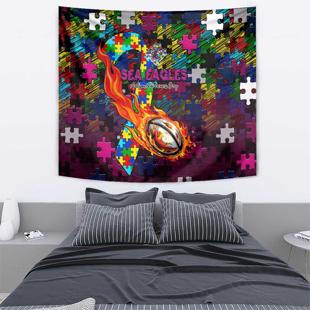 Sea Eagles Autism Awareness Tapestry Puzzle Flames Rugby Ball