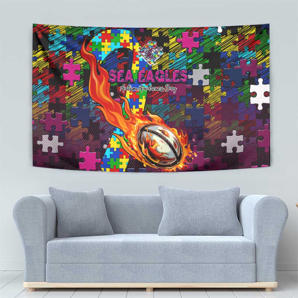 Sea Eagles Autism Awareness Tapestry Puzzle Flames Rugby Ball