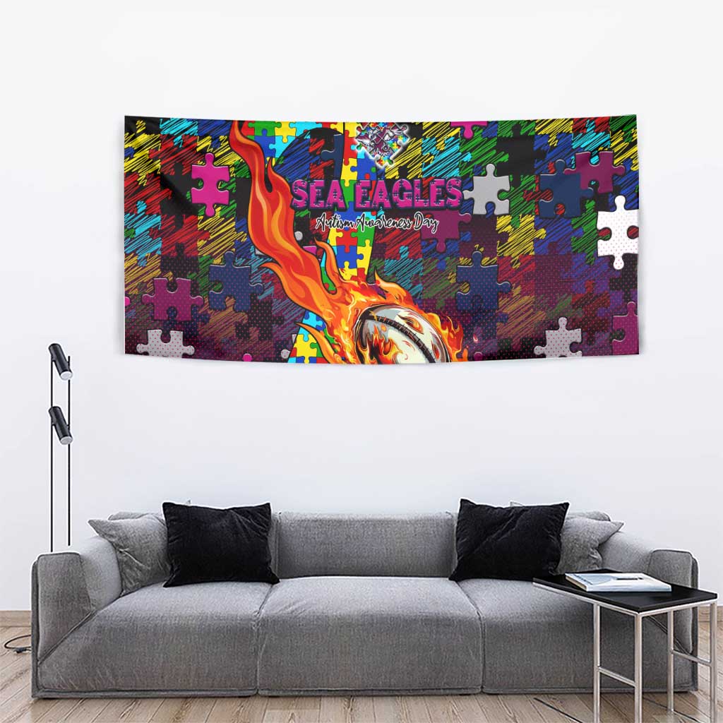 Sea Eagles Autism Awareness Tapestry Puzzle Flames Rugby Ball