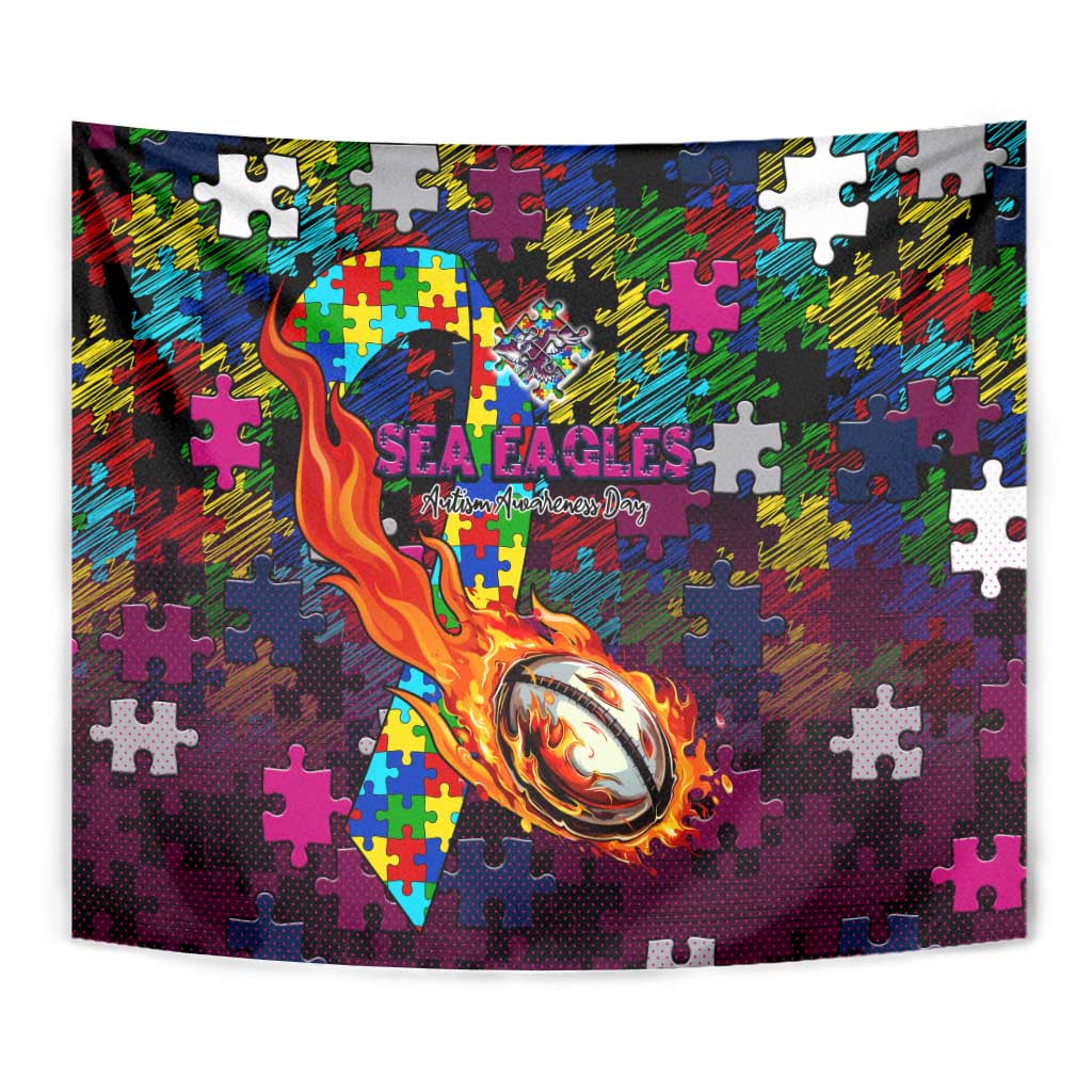 Sea Eagles Autism Awareness Tapestry Puzzle Flames Rugby Ball