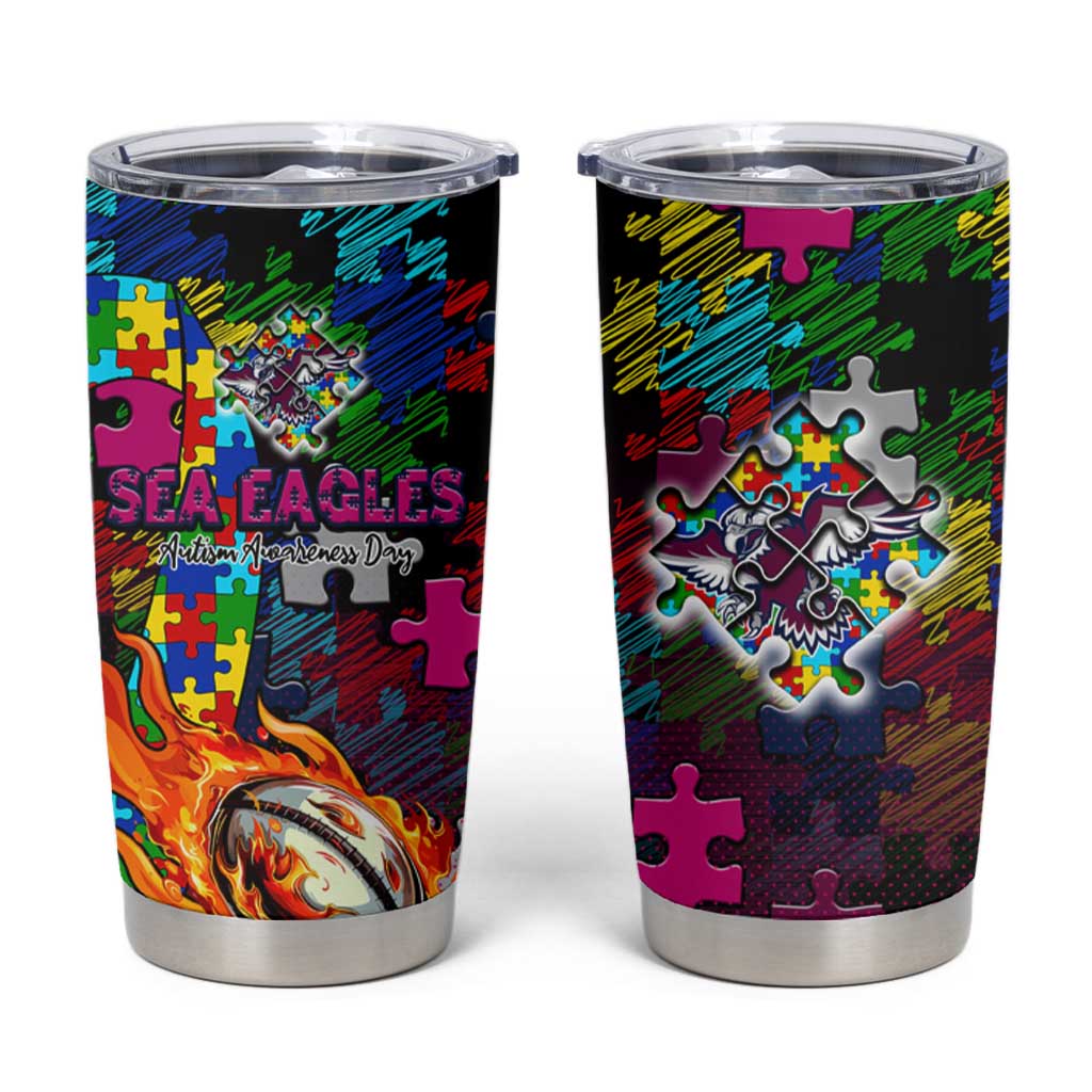 Sea Eagles Autism Awareness Tumbler Cup Puzzle Flames Rugby Ball