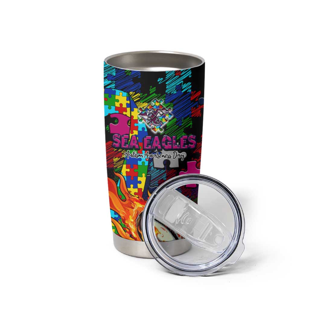 Sea Eagles Autism Awareness Tumbler Cup Puzzle Flames Rugby Ball