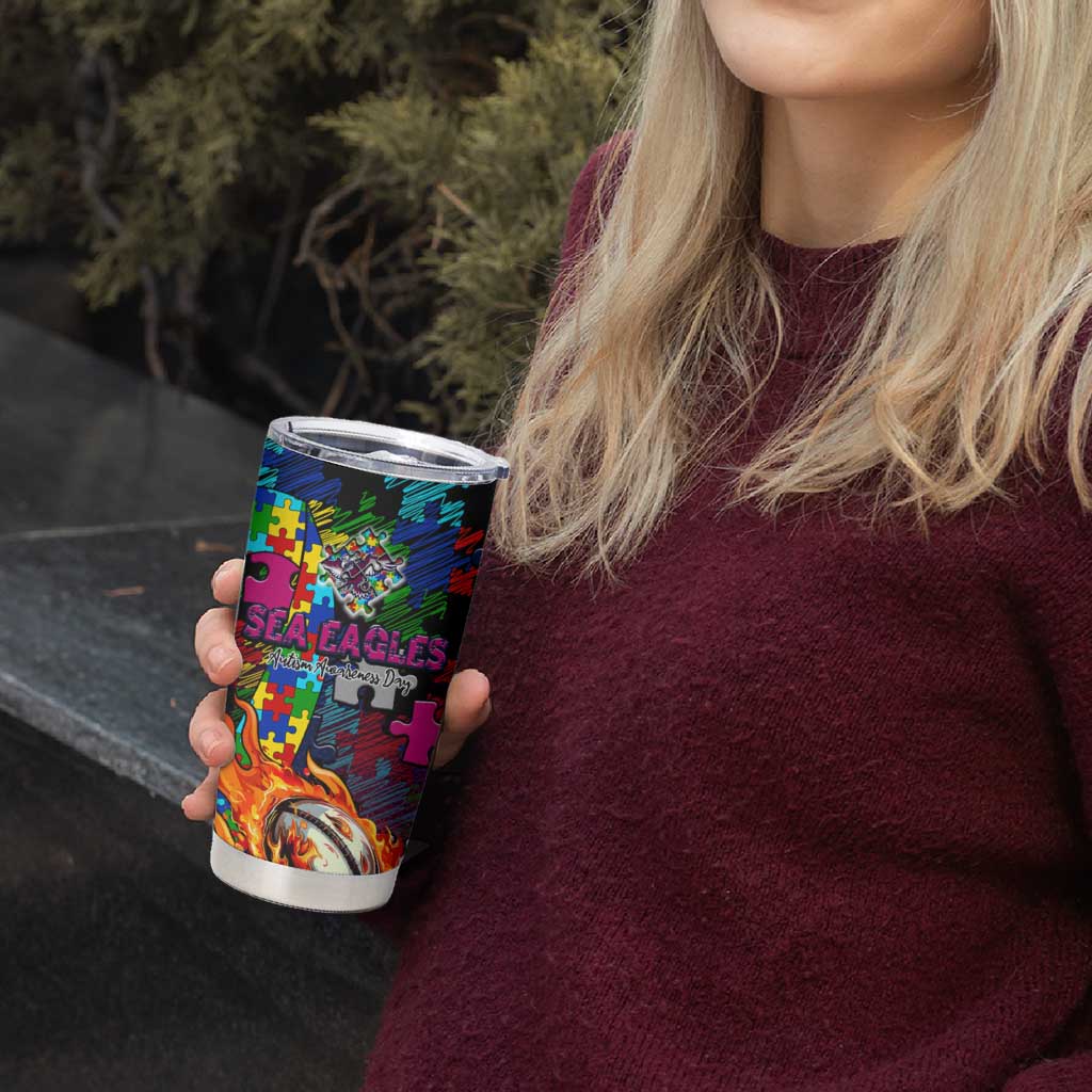 Sea Eagles Autism Awareness Tumbler Cup Puzzle Flames Rugby Ball