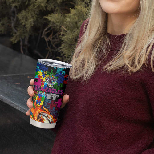 Sea Eagles Autism Awareness Tumbler Cup Puzzle Flames Rugby Ball