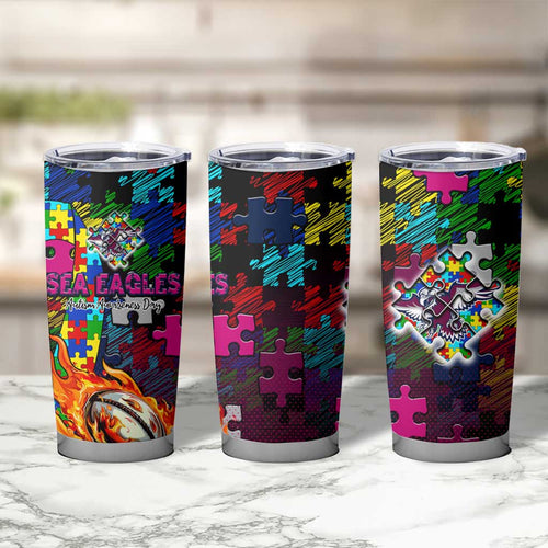 Sea Eagles Autism Awareness Tumbler Cup Puzzle Flames Rugby Ball