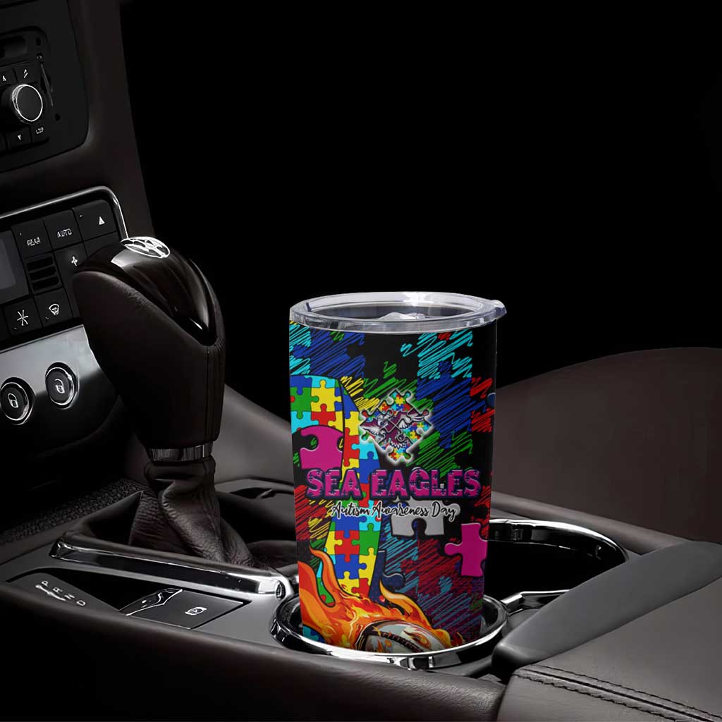 Sea Eagles Autism Awareness Tumbler Cup Puzzle Flames Rugby Ball