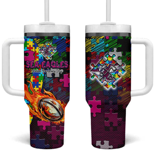 Sea Eagles Autism Awareness Tumbler With Handle Puzzle Flames Rugby Ball