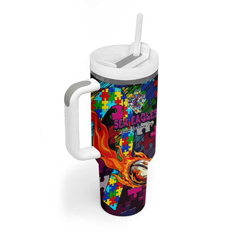 Sea Eagles Autism Awareness Tumbler With Handle Puzzle Flames Rugby Ball