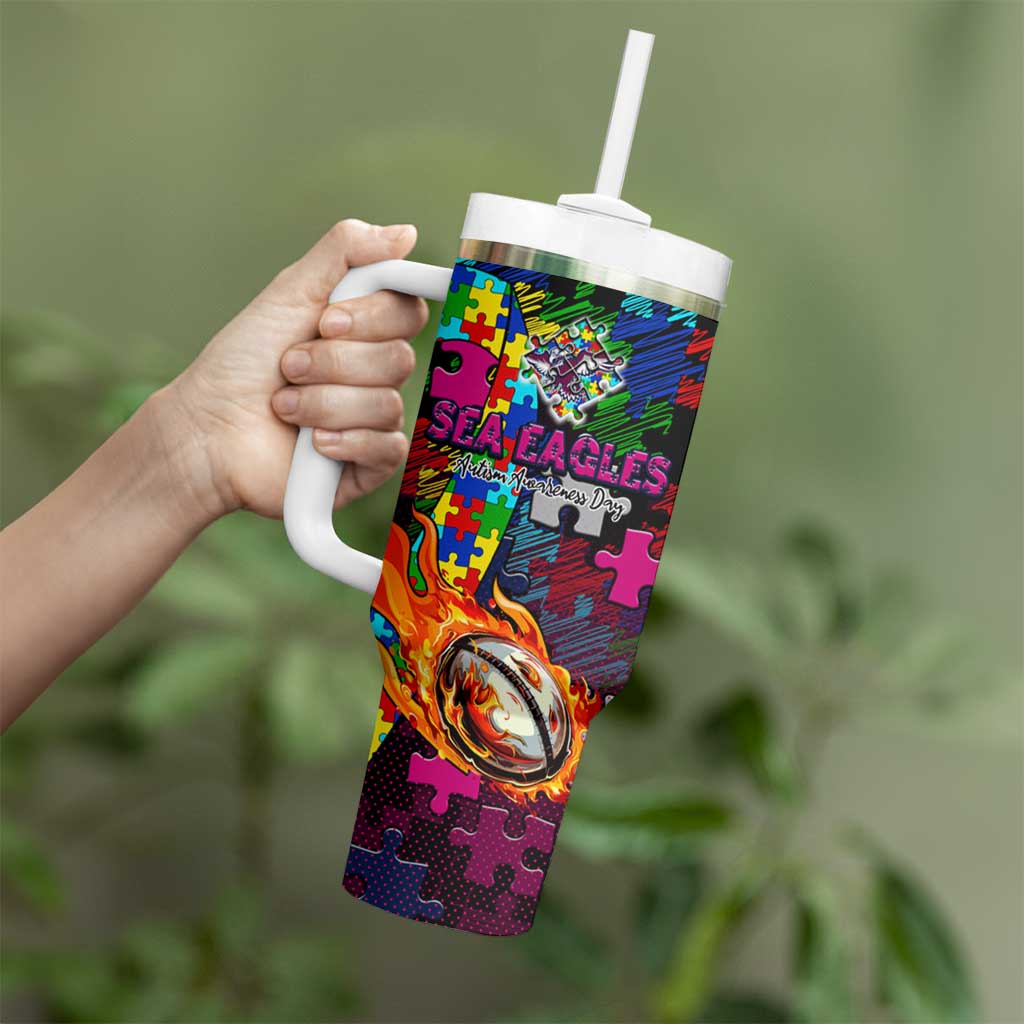 Sea Eagles Autism Awareness Tumbler With Handle Puzzle Flames Rugby Ball