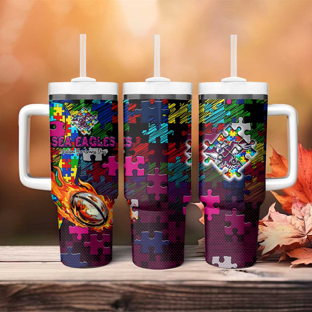 Sea Eagles Autism Awareness Tumbler With Handle Puzzle Flames Rugby Ball