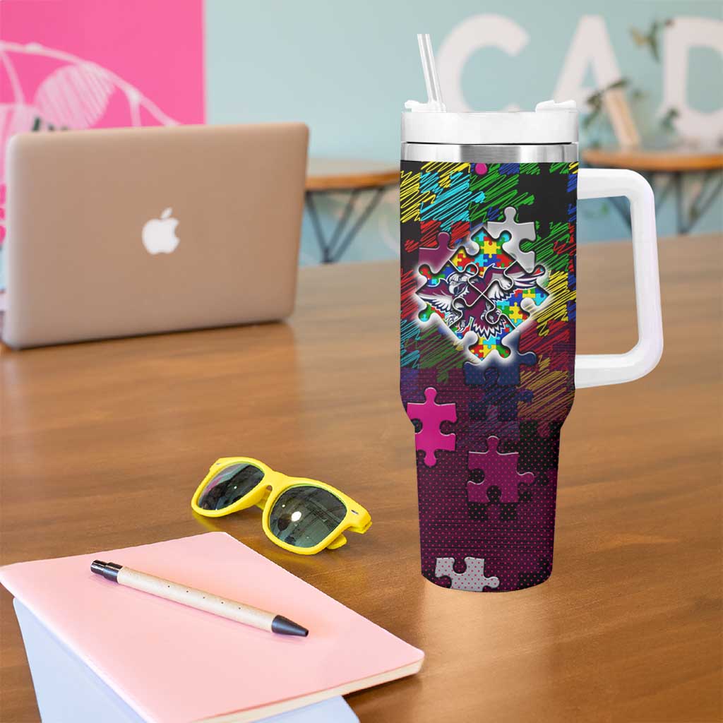Sea Eagles Autism Awareness Tumbler With Handle Puzzle Flames Rugby Ball