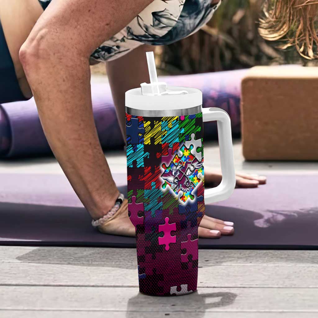 Sea Eagles Autism Awareness Tumbler With Handle Puzzle Flames Rugby Ball