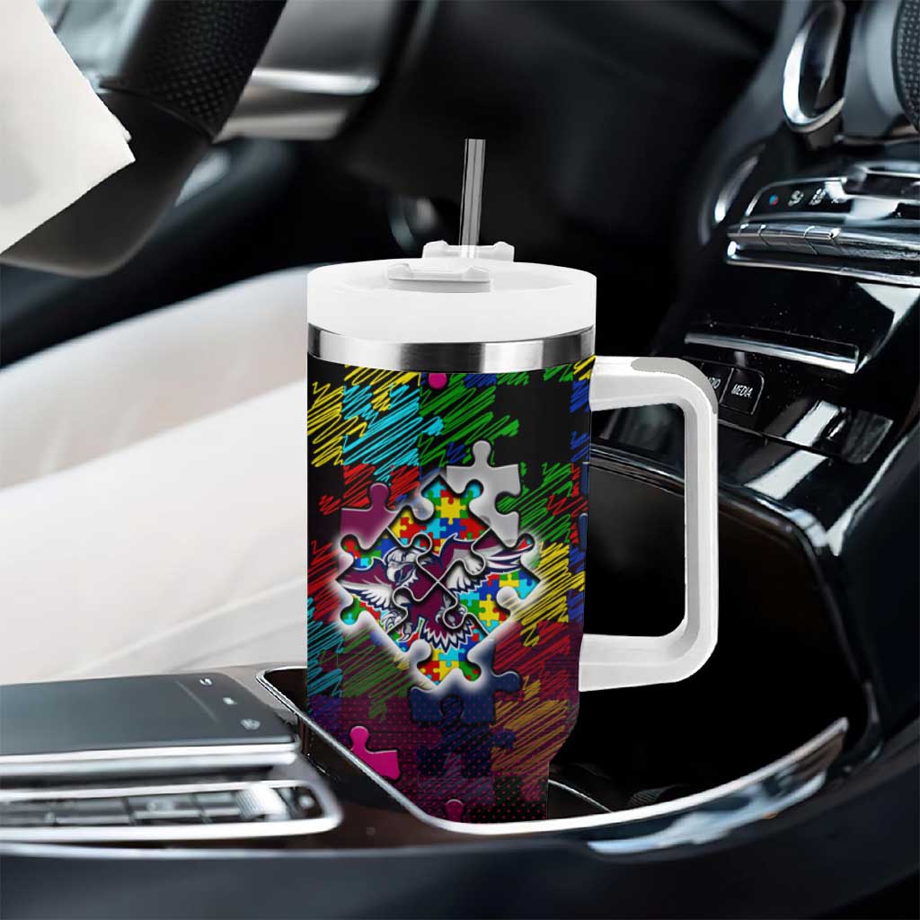 Sea Eagles Autism Awareness Tumbler With Handle Puzzle Flames Rugby Ball