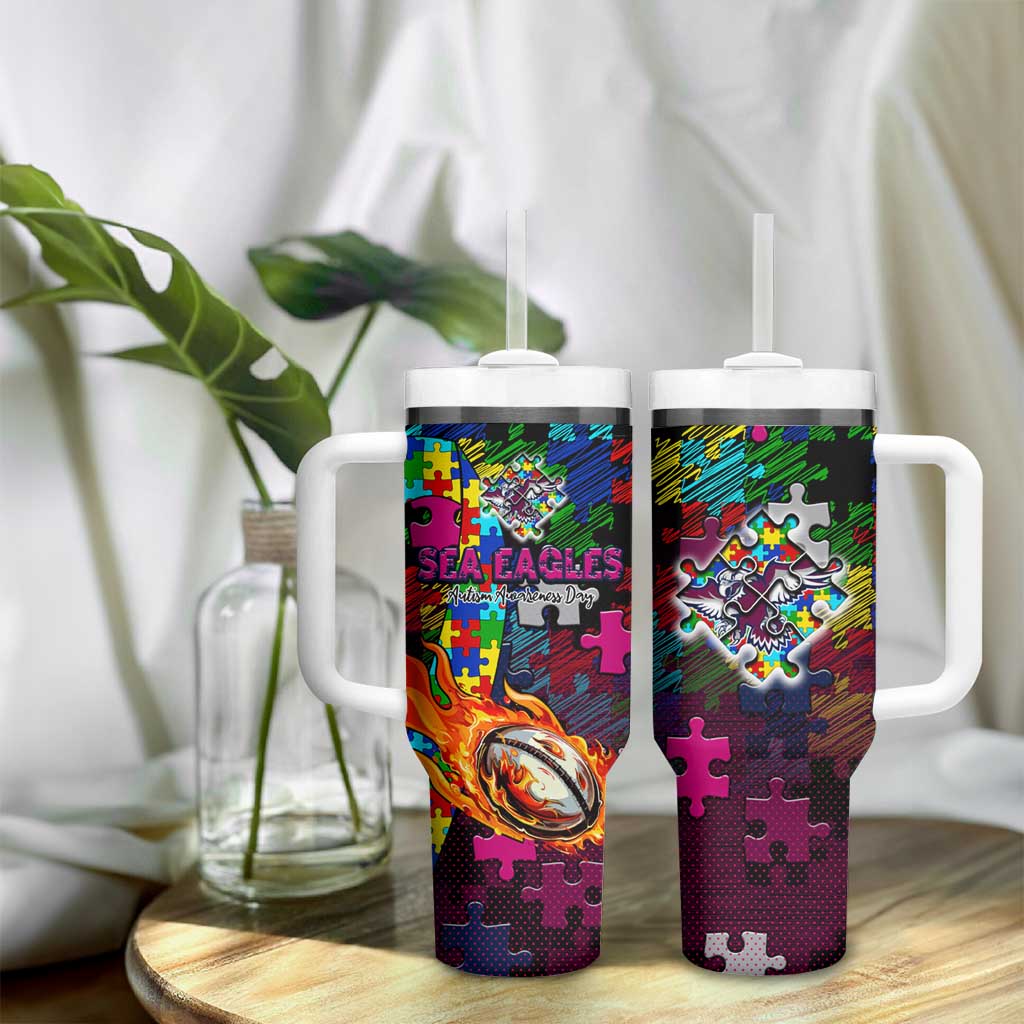Sea Eagles Autism Awareness Tumbler With Handle Puzzle Flames Rugby Ball