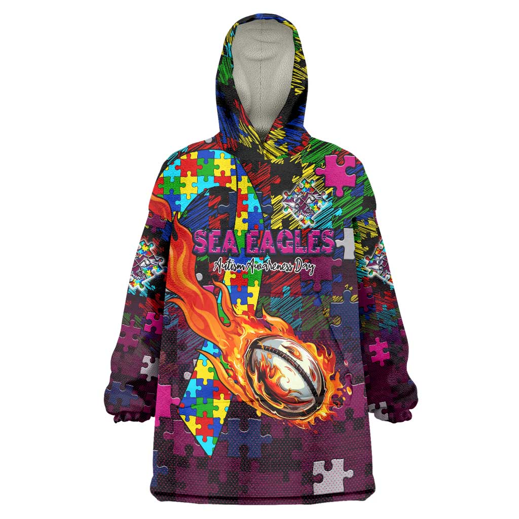 Sea Eagles Autism Awareness Wearable Blanket Hoodie Puzzle Flames Rugby Ball