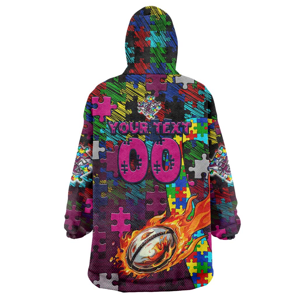 Sea Eagles Autism Awareness Wearable Blanket Hoodie Puzzle Flames Rugby Ball