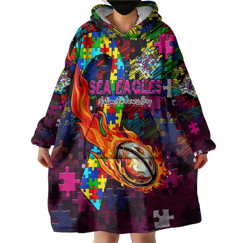 Sea Eagles Autism Awareness Wearable Blanket Hoodie Puzzle Flames Rugby Ball