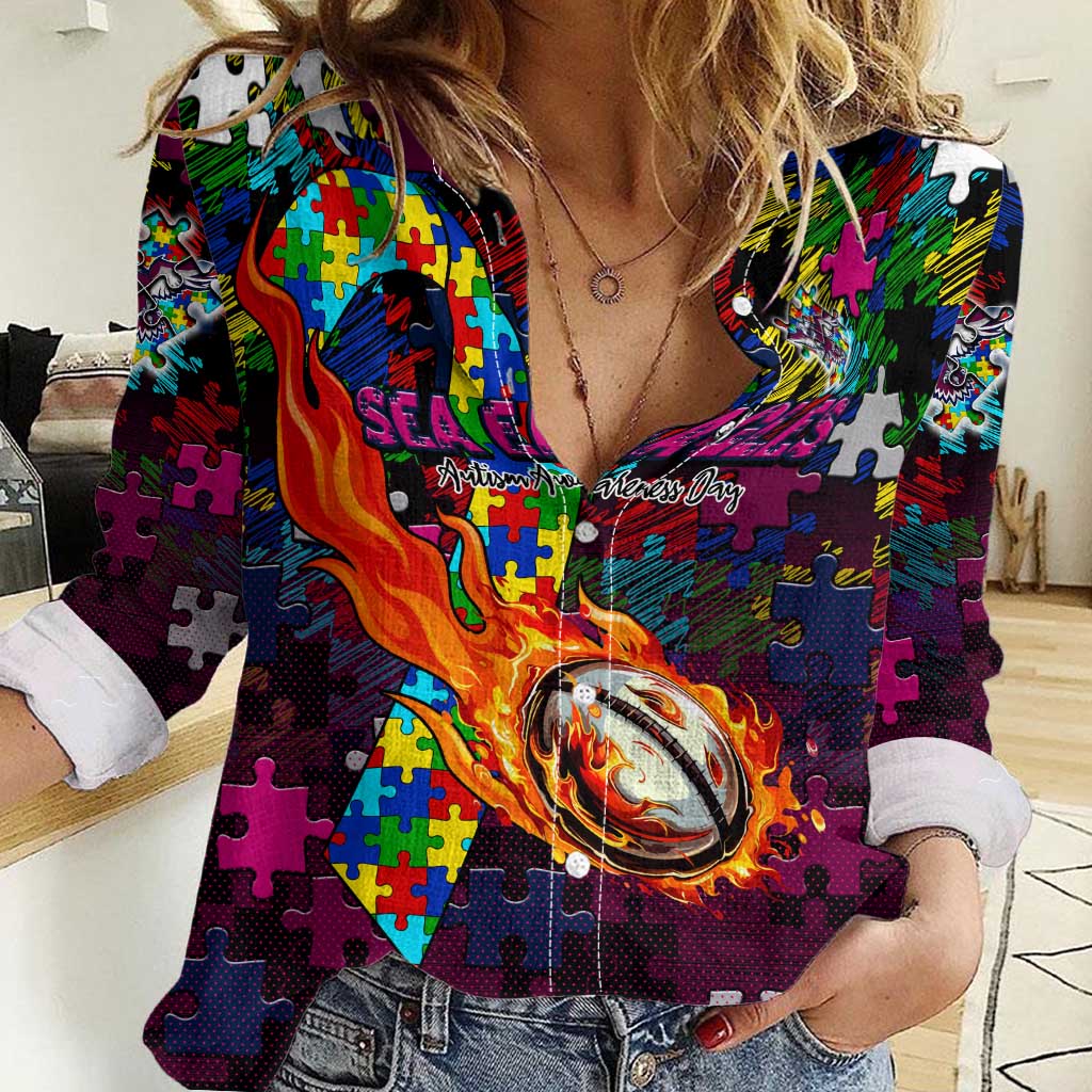 Sea Eagles Autism Awareness Women Casual Shirt Puzzle Flames Rugby Ball